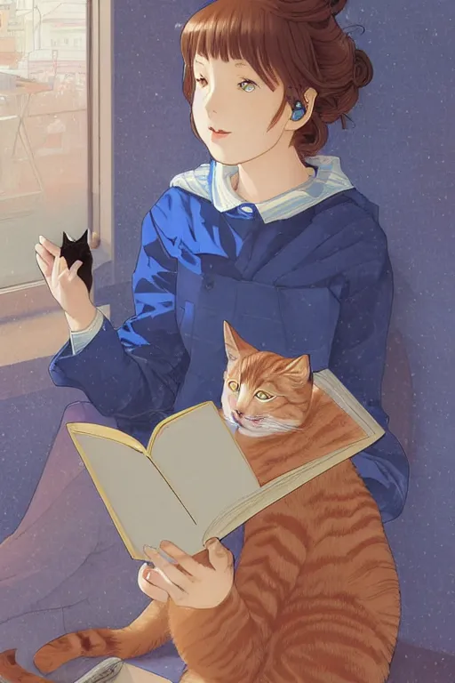 Image similar to a digital painting of a girl reading a book with a cat in A comfortable study room at night,JK uniform ,Hairdryer,blue theme,geometric shapes,S line,hard edges, by mucha and krenz cushart and range murata and liduke