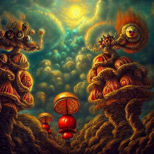 Prompt: ❤🔥🍄🌪, trending on art station, in the sky, highly detailed surrealist art, elaborate detail fluffy monsters