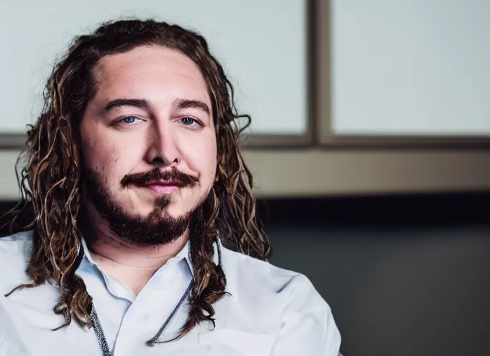 Image similar to dslr photo still of post malone as a stock broker, 8 k, 8 5 mm f 1 6