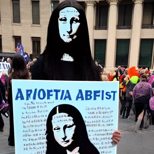 Prompt: the Mona Lisa in real life holding a picket sign protesting for abortion rights at a rally downtown, ultra detailed, 8k resolution, ultrarealistic