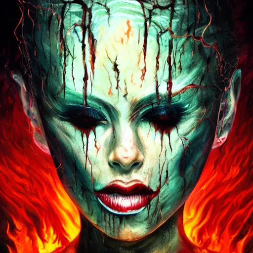 Image similar to woman, hell, horror, popular fantasy art abstract painting generated by artificial intelligence, 8K UHD, trending on artstation, extremely detailed