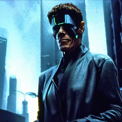 Prompt: william dafoe as a cyborg in a cyberpunk story in a distopic futuristic city in the style of bladerunner, movie still, highly detailed