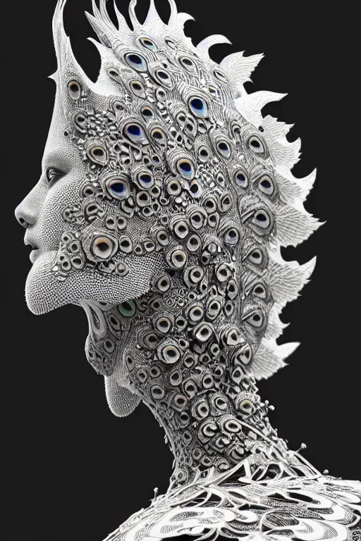 Prompt: bw close - up profile face, black background, beautiful young porcelain intricate bio - mechanical vegetal - dragon - cyborg - female, white metallic armour, white peacock feathers, roots, fine mandelbrot fractal lace, 1 5 0 mm, soft rim light, elegant, hyper real, ultra detailed, octane render, hg giger, 1 6 k