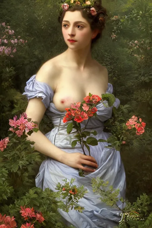 Image similar to art nouveau sensual queen of the garden full body portrait, loving amber eyes, a shy face, style portrait painting of François Boucher, Oil Painting, unreal 5, DAZ, hyperrealistic, octane render, Regal, Refined, Detailed Digital Art, RPG portrait, William-Adolphe Bouguereau, Michael Cheval, dynamic lighting, Highly Detailed, Cinematic Lighting, Unreal Engine, 8k, HD