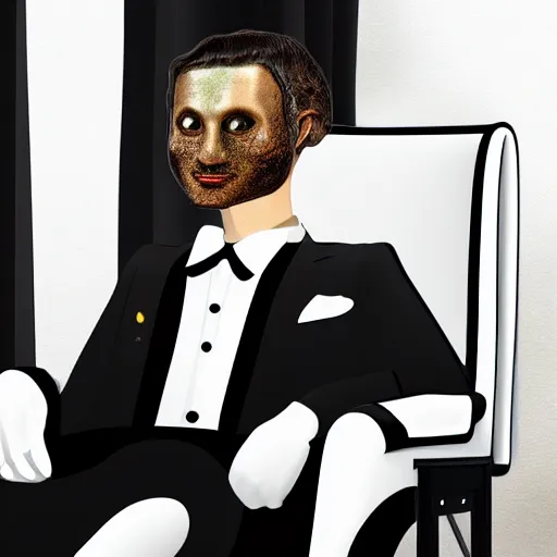 Image similar to guy with an eye as a head sitting in a chair wearing a tuxedo 4k, HD, photorealistic