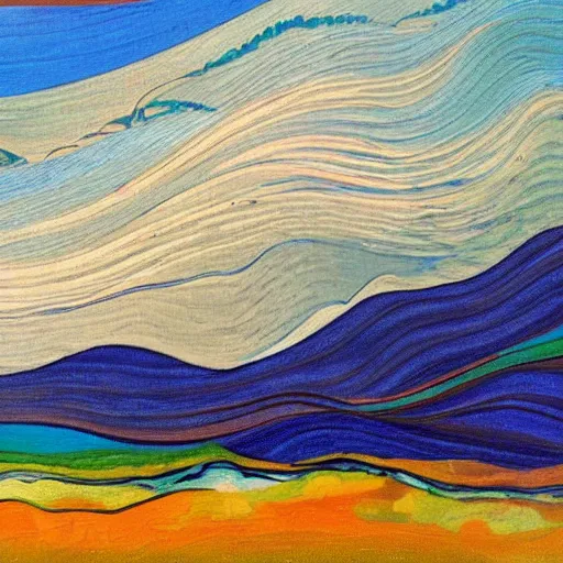 Prompt: A wild modernist landscape painting. Wild energy patterns rippling in all directions. Curves, organic. Saturated color. Mountains. Clouds. Rushing water.