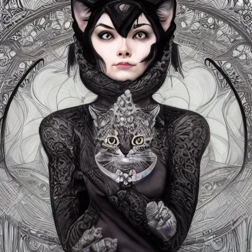 Prompt: a photograpic portrait of a anthropomorphic cat wearing black clothes, black hair, grey skin, grey mouse ears, fantasy, intricate, elegant, highly detailed, digital painting, artstation, smooth, sharp focus, illustration, art by artgerm and H R Giger and alphonse mucha