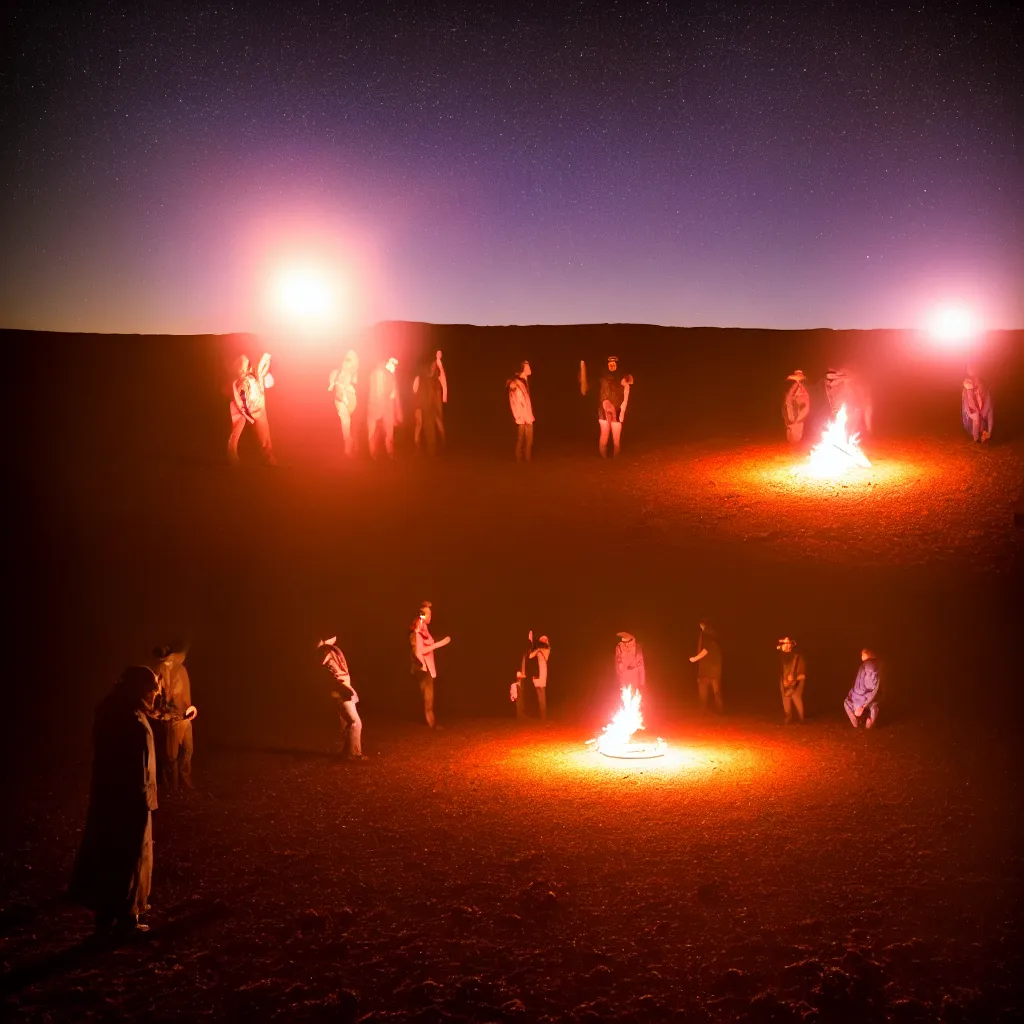 Image similar to atmospheric long exposure night photograph of three ravers, two men, one woman, woman is in a trenchcoat, blessing the soil at night, people facing fire circle, two aboriginal elders, dancefloor kismet, diverse costumes, clean composition, starlight bokeh, desert transition area, bonfire, atmospheric night, australian desert, symmetry, sony a 7 r