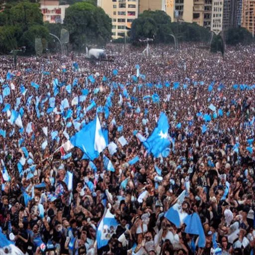 Image similar to Lady Gaga as president, Argentina presidential rally, Argentine flags behind, bokeh, giving a speech, detailed face, Argentina