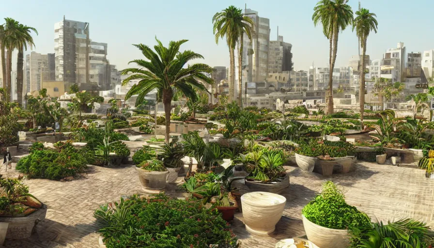 Image similar to arabic city with rooftop gardens, flowers, palms, artstation