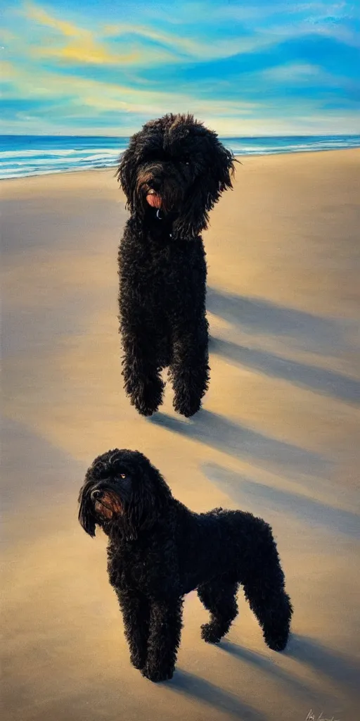 Prompt: half portuguese water dog, half poodle, on a beach, portrait, golden hour, dramatic backlighting, high contrast, highly detailed, sharp focus, oil painting
