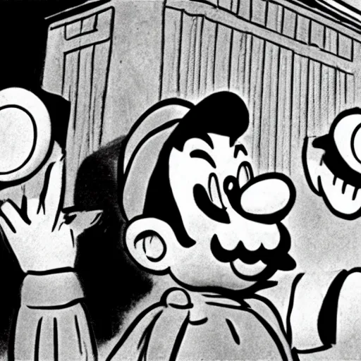 Image similar to black and white photo of luigi committing treason against the supreme court