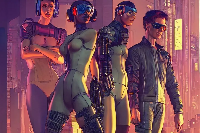 Image similar to cyberpunk heist crew. portrait by stonehouse and mœbius and will eisner and gil elvgren and pixar. character design. realistic proportions. dystopian. cyberpunk 2 0 7 7 character art, blade runner 2 0 4 9 concept art. cel shading. attractive face. thick lines. the team. diverse characters.