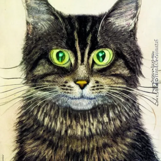 Image similar to portrait of a very fluffy dark tabby cat with green eyes, intricate, elegant, highly detailed, smooth, sharp focus, illustration, art by gustav klimt