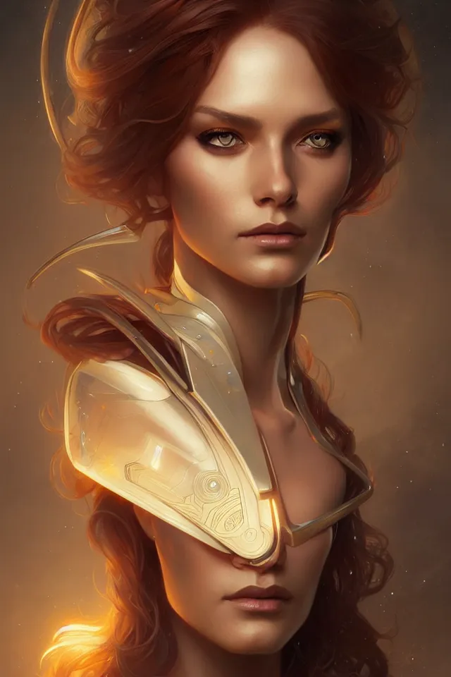 Image similar to futuristic woman portrait, sci-fi, amber eyes, face, long hair, fantasy, intricate, elegant, highly detailed, digital painting, artstation, concept art, smooth, sharp focus, illustration, art by artgerm and greg rutkowski and alphonse mucha