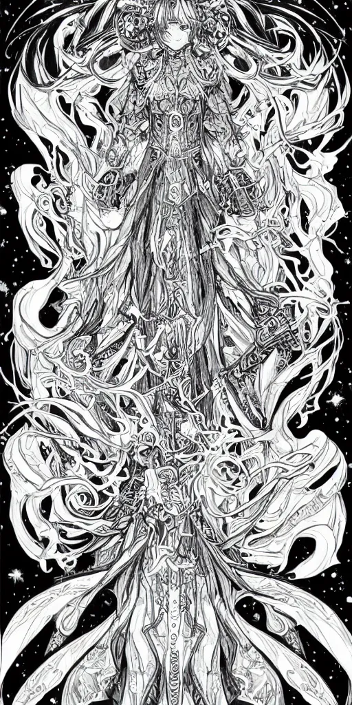 Image similar to a white mage from final fantasy 14, intricate, amazing line work, cosmic, psychedelic, cheerful, colorful