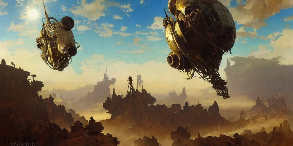 Prompt: a steampunk airship emerges over the horizon of an alien planet, artwork by alphonse mucha, darek zabrocki, dramatic lighting, long shadows, brushstrokes, paper texture.