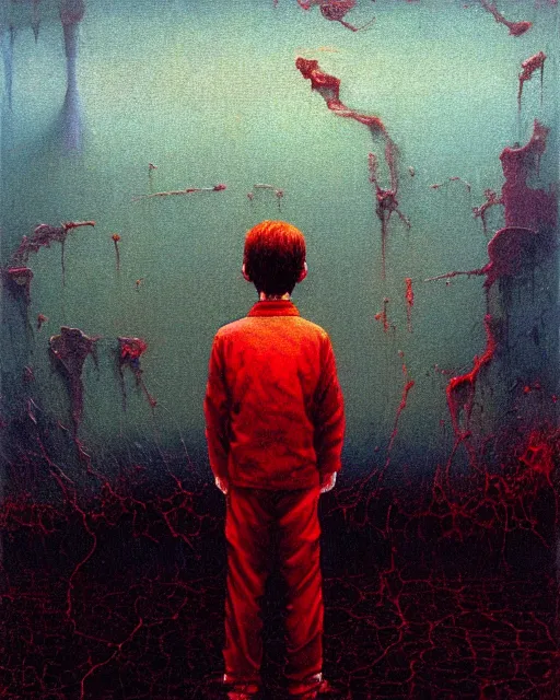 Prompt: 8k professional photo of an 8 years old boy standing in front of a computer from 90s with a game doom2 at the monitor screen, Beksinski impasto painting, part by Adrian Ghenie and Gerhard Richter. art by Takato Yamamoto, masterpiece