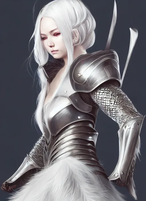 Image similar to warrior, fur - lined armor!!! beautiful and elegant white hair female!! gorgeous ayes!! character concept art, sharp focus, octane render! unreal engine 5! highly rendered!! trending on artstation!! detailed linework!! illustration by artgerm, wlop, and chie yoshii