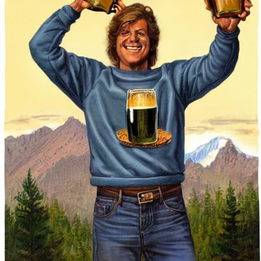 Image similar to Wolf as a human, wearing sweatshirt, holding beer, artwork by Earl Norem,