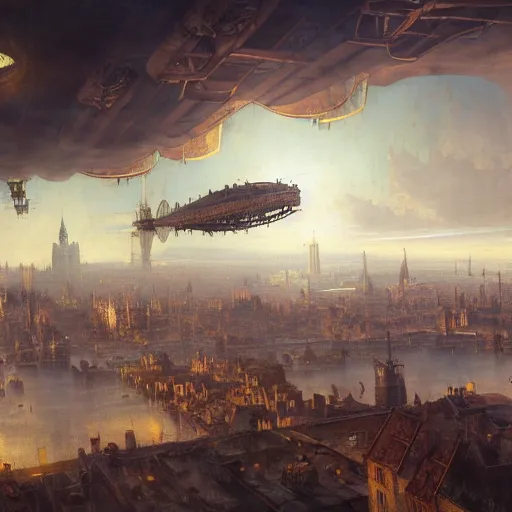 Prompt: Steampunk airship flies above a renaissance city oil painting, sharp focus, fantasy style, octane render, volumetric lighting, 8k high definition, by greg rutkowski, highly detailed, trending on art station