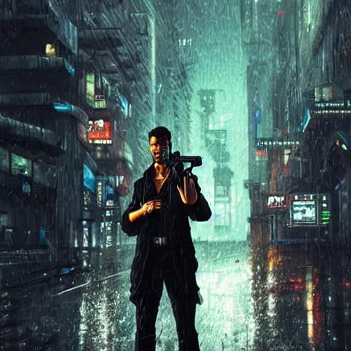 Image similar to a man holding a gun in a cyberpunk city the background is the cyberpunk city and it's raining close - up shot by greg rutkowski