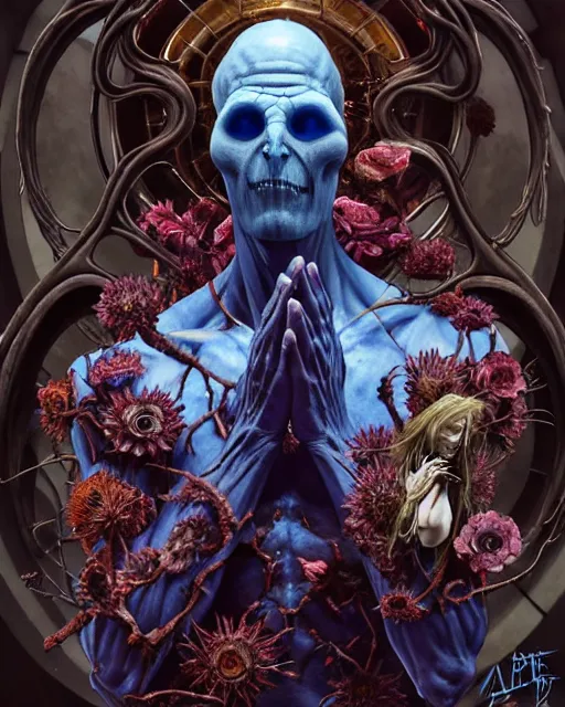 Prompt: the platonic ideal of flowers, rotting, insects and praying of cletus kasady ultimate carnage thanos dementor doctor manhattan chtulu nazgul bioshock davinci, d & d, fantasy, ego death, detailed, intricate, hyperrealism, intense, scary, decay, dmt, art by artgerm and greg rutkowski and alphonse mucha