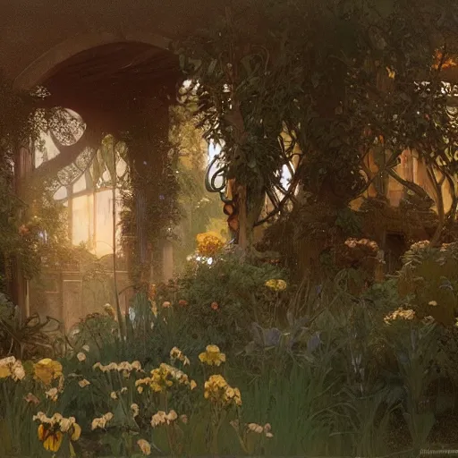 Image similar to Concept art, A garden at dusk, 8k, alphonse mucha, james gurney, greg rutkowski, john howe, artstation