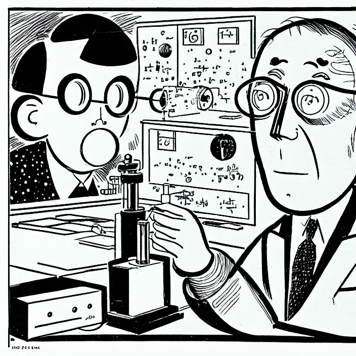 Image similar to a still frame from comic strip, scientific scheme of physics 1 9 5 0, herluf bidstrup, new yorker illustration, monochrome contrast bw, lineart, manga, tadanori yokoo, simplified,