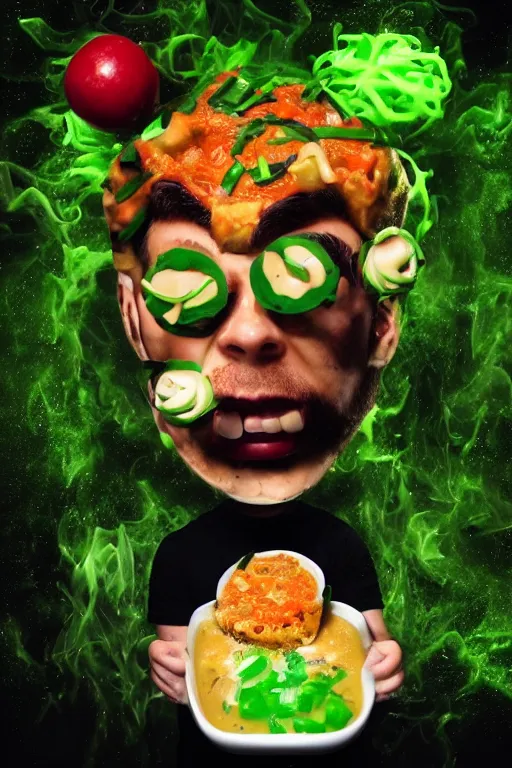 Prompt: 📷 jacksepticeye head out of soup, made of food, head portrait, dynamic lighting, 4 k