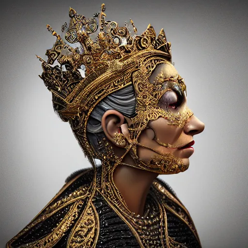Prompt: queen of metal profile, 4 k, ornate and intricate, jaw dropping, surreal, octane render