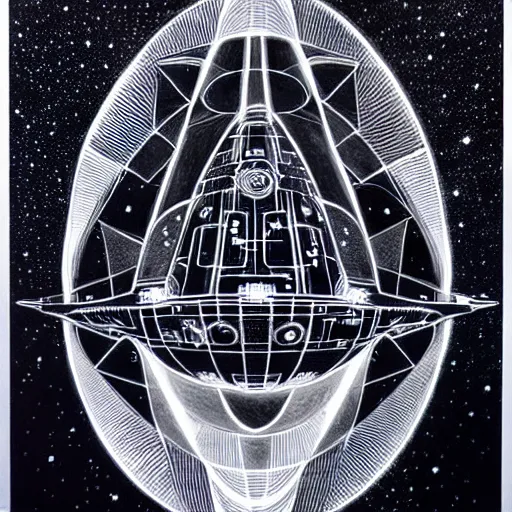 Image similar to starship enterprise, symmetry, black paper, by jean - baptiste monge