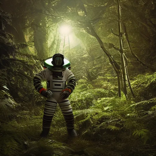 Image similar to prometheus astronaut in the forest with plants environment ,wide angle low, cinematic atmospheric lighthing, octane render, by craig mullin,