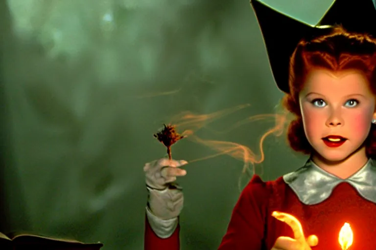 Image similar to close up portrait, dramatic lighting, teen witch calmly pointing a magic wand casting a spell over a large open book on a table with, short hair, cat on the table in front of her, sage smoke, a witch hat cloak, apothecary shelves in the background, still from the wizard of oz and peter pan