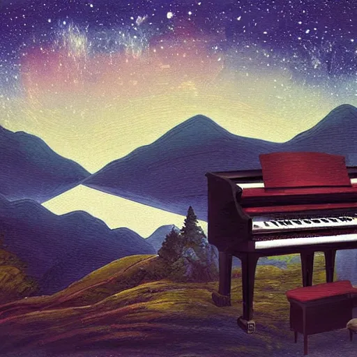 Prompt: an upright piano in the mountains, man playing the piano, the striking night sky and stars, simple elegant mountains on a beautiful sky, an abstract set of large shapes, colorful, warm contrasting colors, painterly, detailed painting of a landscape, extremely high detail, brush strokes, top view, black background, illustration by ross tran and leonardo da vinci