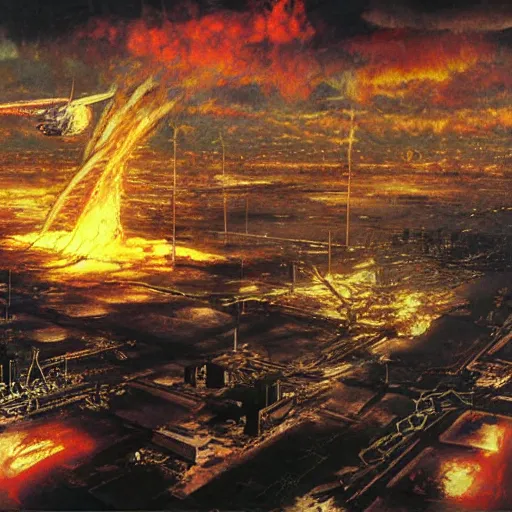 Prompt: aerial view of the full - metal irisdiscent hindenburg disaster, santiago of chile, pixeled fire from a fragmented neon - wired reality, matte painting by yoji shinkawa, esao andrews, yoshitaka amano and ryuichi sakamoto