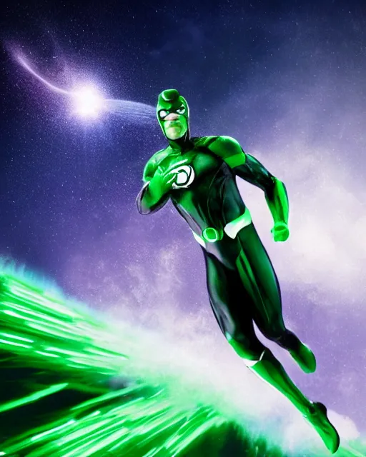 Image similar to photos of actor Christopher Reece as a Green Lantern soaring thru outer space, photogenic, spit-curl in hair, particle effects, photography, studio lighting, cinematic