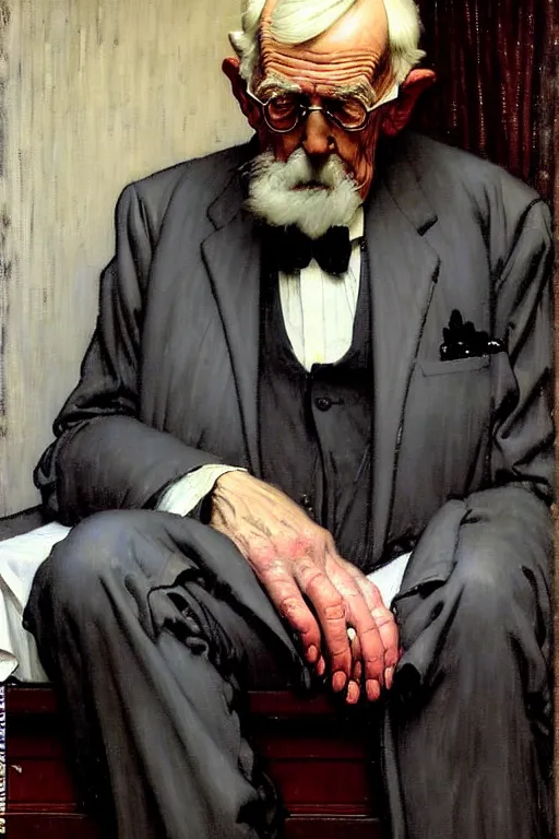 Prompt: a sad old man mourning over a casket by alfred stevens and sherree valentine daines and sydney prior hall and norman rockwell, casket, grey suit, highly detailed, deep shadows, accurate face, smooth blending, hyperrealism, dim lighting, candle, victorian, accurate fingers, crisp details