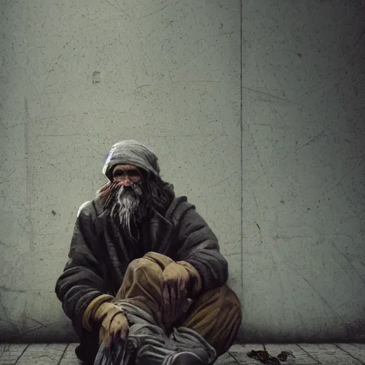 Image similar to homeless man hobo with long beard in asylum, hyper detailed, digital art, trending in artstation, cinematic lighting, studio quality, smooth render, unreal engine 5 rendered, octane rendered, art style by klimt and nixeu and ian sprigger and wlop and krenz cushart.