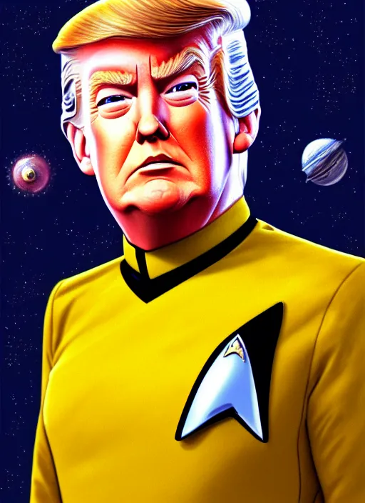 Prompt: cute star trek officer donald trump, natural lighting, path traced, highly detailed, high quality, digital painting, by don bluth and ross tran and studio ghibli and alphonse mucha, artgerm