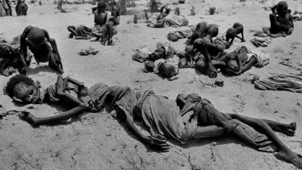 Image similar to 1 9 8 4 ethiopian famine and drought, dark, moody, feature article by new york times, 8 k