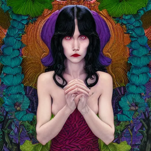 Prompt: marceline the vampire queen, exterior botanical garden, portrait face, colorful, frantisek kupka, intricate, miles johnston, kuroda seiki, cynical realism, ozabu, john william godward, painterly, yoshitaka amano, moebius, miles johnston, louise zhang, james jean, mark ryden lowbrow pop surrealism art style