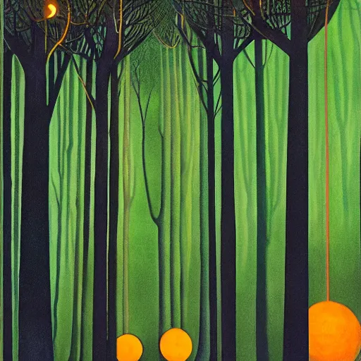 Prompt: forest at night with floating lights by Diane Dillon