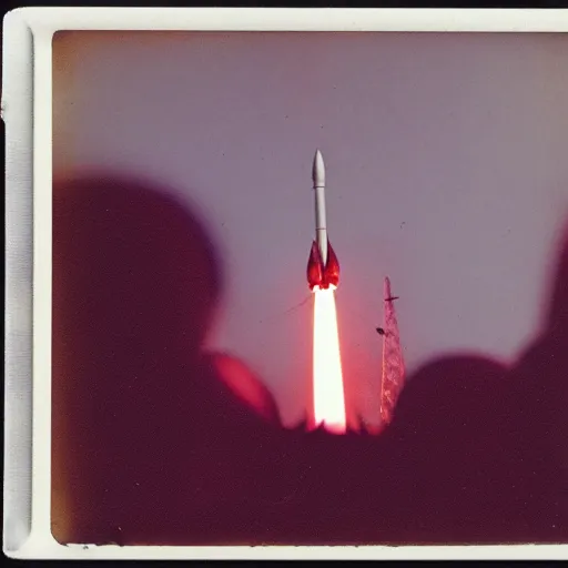 Image similar to aged polaroid photo of a bright red missile launch, wide view, film grain, red color bleed, onlookers watching