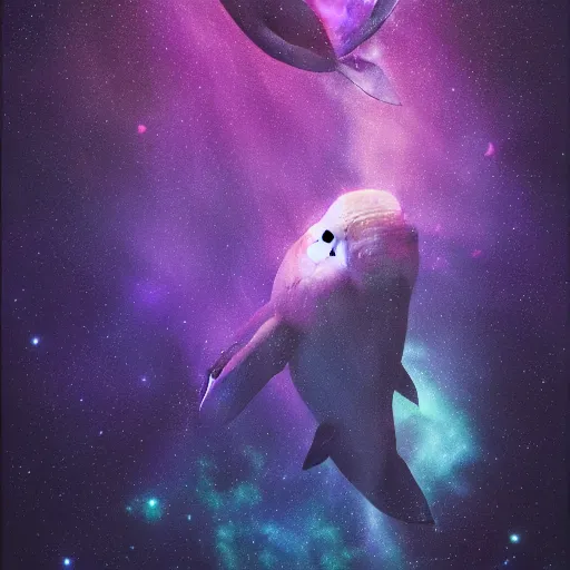 Image similar to portrait of whale swimming on a dark night sky, swimming across the universe, nebulae, purple and blue, galaxies, oniric, dreamy, beautiful, highly detailed, cinematic, trending on artstation