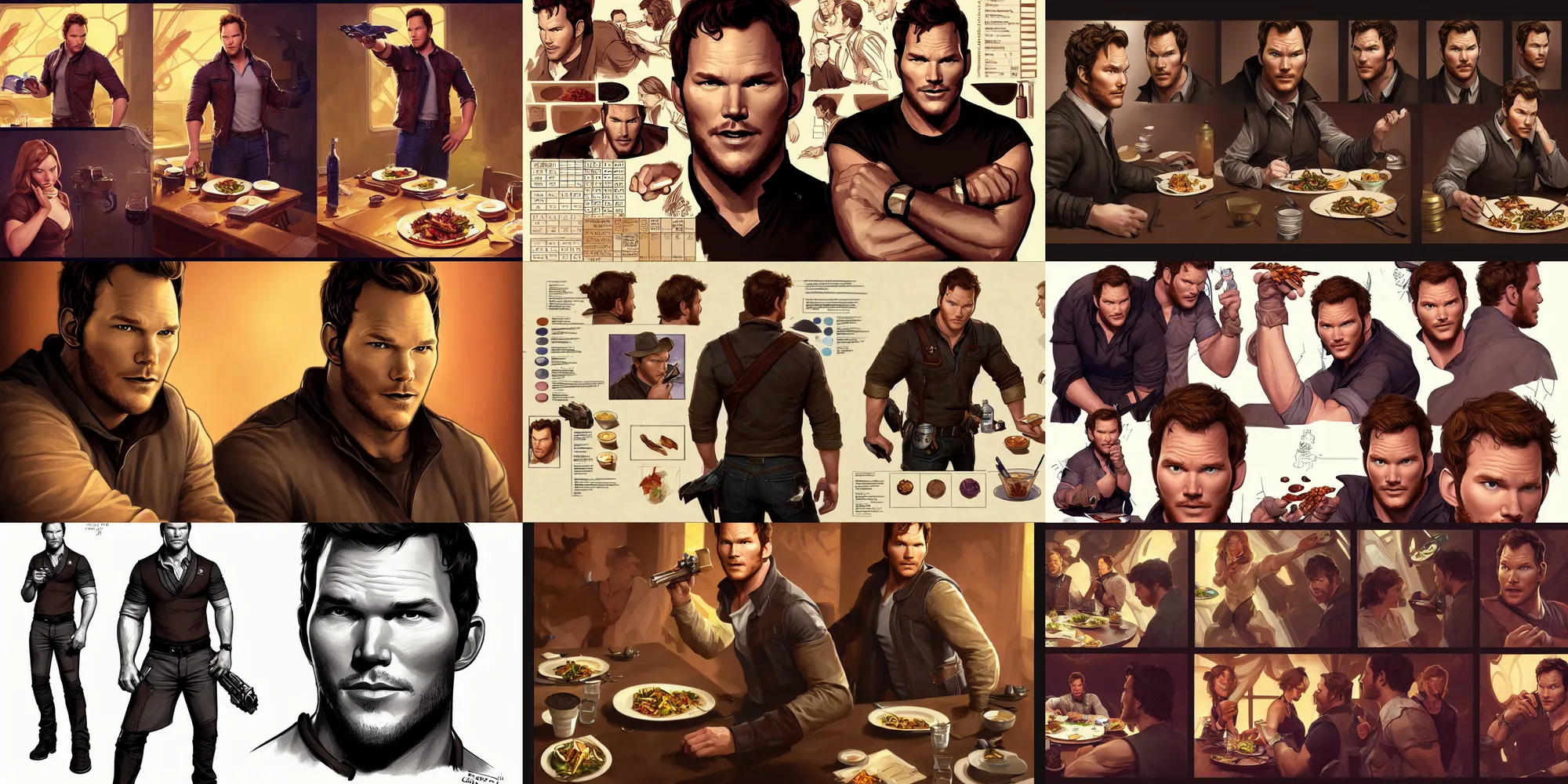 Prompt: chris pratt eating dinner, character sheet, character design, contrast, deep focus, turnaround, highly detailed, dramatic lighting, digital painting, artstation, concept art, matte, sharp focus, illustration, elegant, art by artgerm and greg f and alphonse mucha.