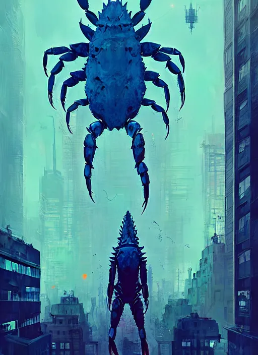 Image similar to crab kaiju in new york, sci - fi art, blue building in the background, art by ismail inceoglu