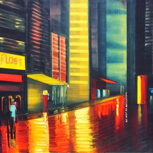 Image similar to city streetscape, dark road with cars, people at night, tall buildings with shops below at street level, neon lights above shops, headlights and stop lights illuminating surroudings, raining, very dark lighting, abstract oil painting, 1 9 8 2 aesthetic