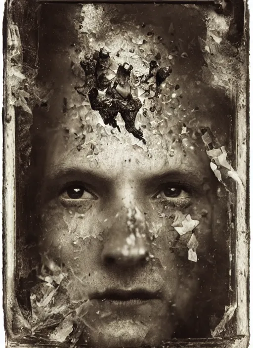 Prompt: old wet plate collodion photography portrait, explosion of data fragments, fractal, intricate, elegant, highly detailed, parallax, leica, medium format, subsurface scattering, by jheronimus bosch and greg rutkowski and louis jacques mande daguerre