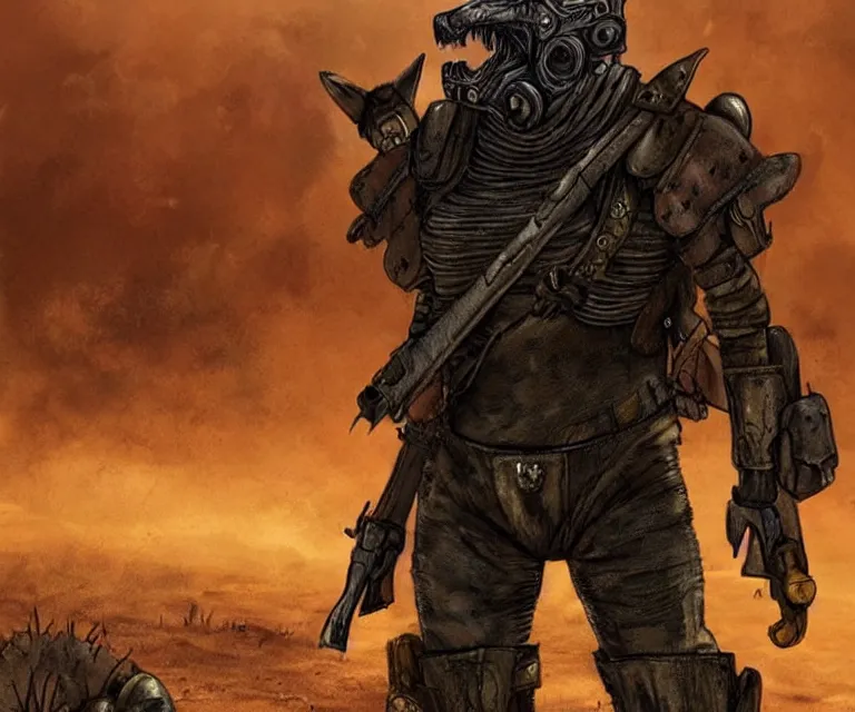 Image similar to a good ol'hound dog fursona ( from the furry fandom ), heavily armed and armored facing down armageddon in a dark and gritty version from the makers of mad max : fury road. witness me.